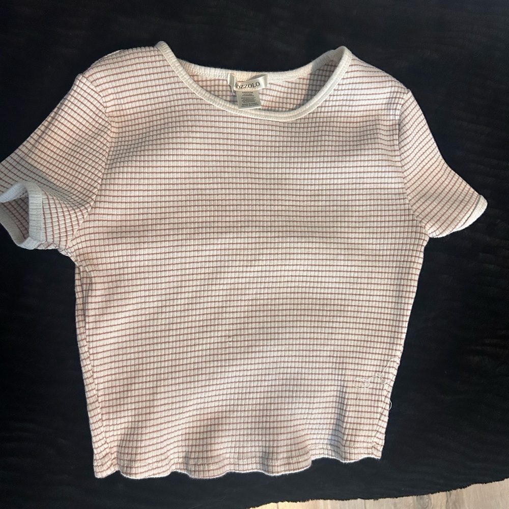 Bozzolo White Tee with Pink Micro-Stripe Ribbing